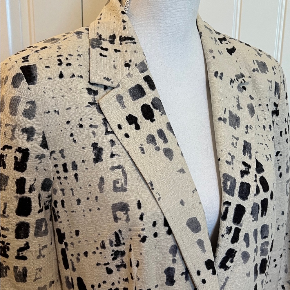 COLDWATER CREEK Print Blazer Jacket 12 White Black Linen Blend 3/4 Sleeve - Picture 5 of 16